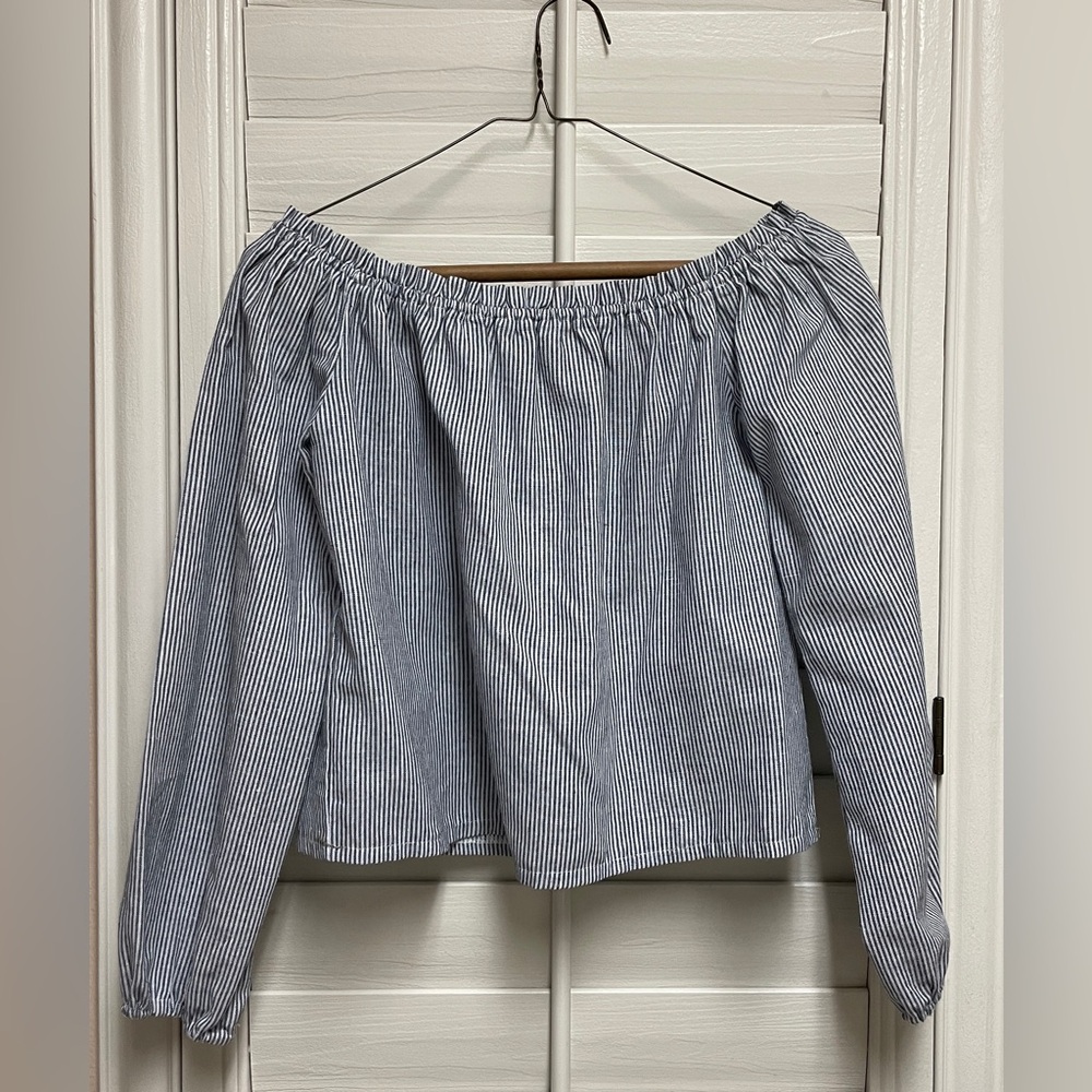 Brandy Melville Blue/White Striped 3/4 Sleeve Off the Shoulder Top - One Size